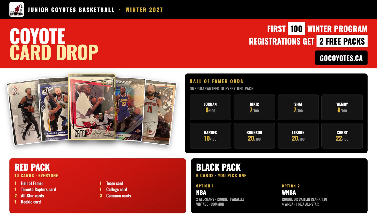Coyote Card Drop: the first 100 winter registrations get
    two free packs of NBA and WNBA cards, with Hall of Famer odds.